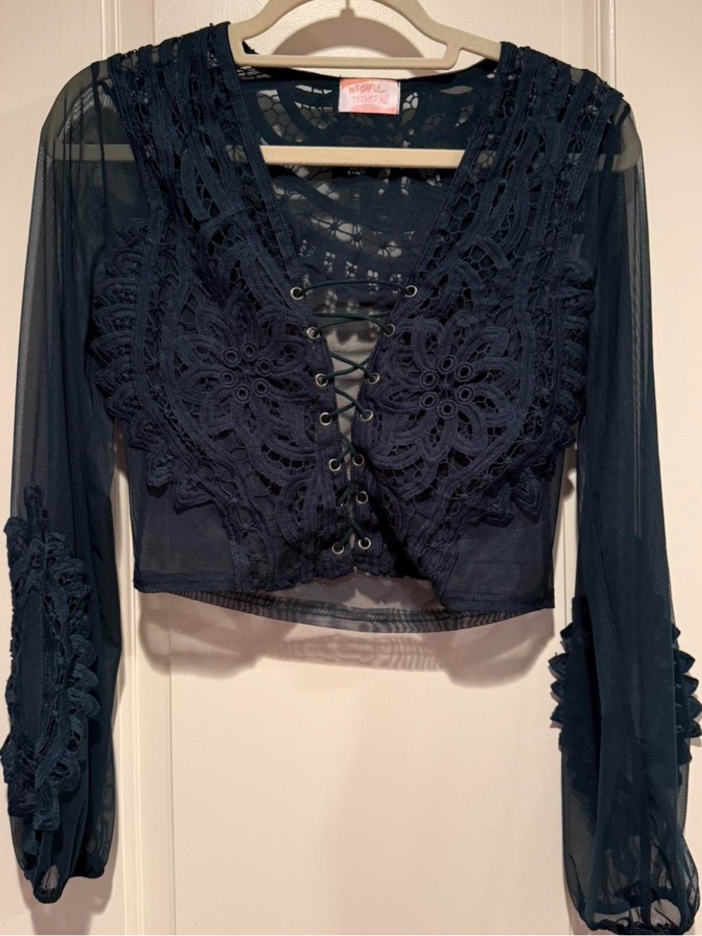 Women’s Dark Green Lace-Up Crochet Sheer Crop Top